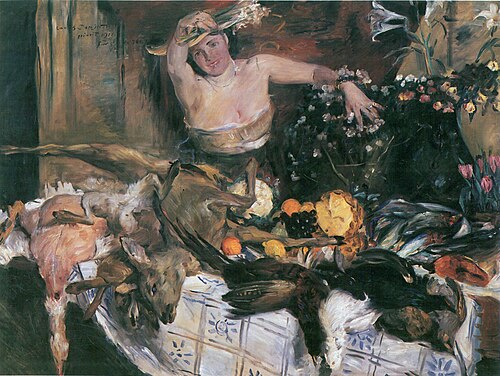 Large still life with figure, birthday picture, 1911, Lovis Corinth