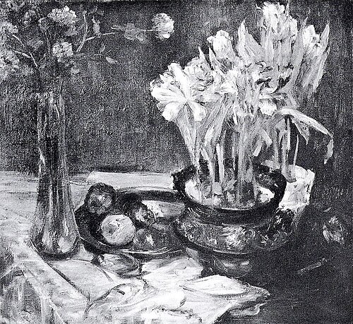 Tulpen in Bronzekübel und Obst, 1908, Lovis Corinth