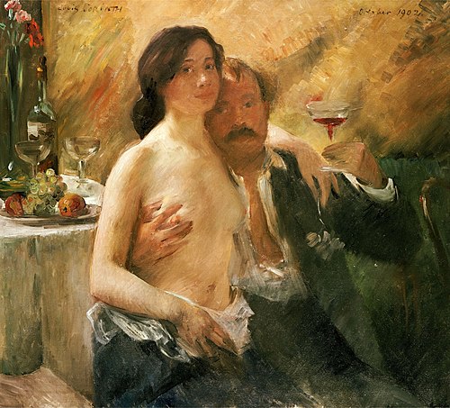 Self portrait with his wife Charlotte Berend-Corinth and a sekt glass, 1902, Lovis Corinth