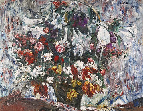 Flower basket with amaryllis, lilac, roses and tulips, 1914, Lovis Corinth