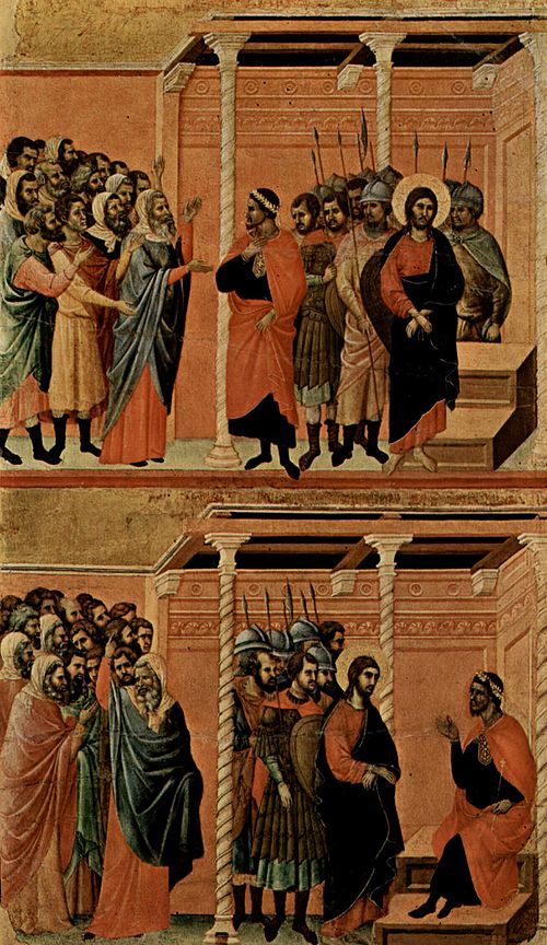 Christ Accused by the Pharisees (top); Pilate's First Interrogation of Christ (bottom), 1309, Duccio di Buoninsegna