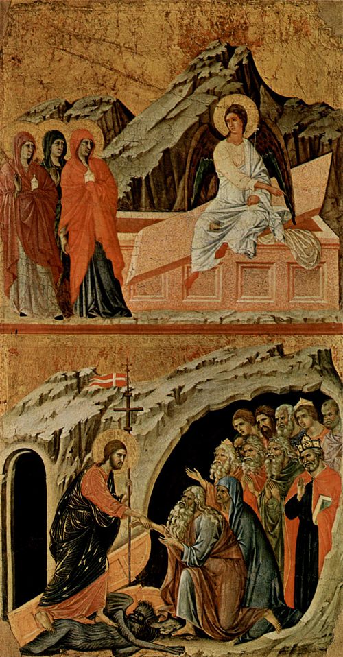 Three Marys at the Tomb (top); Descent into Hell (bottom), 1309, Duccio di Buoninsegna