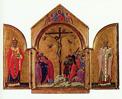 Triptych: the Crucifixion; the Redeemer with Angels; Saint Nicholas; Saint Gregory, 1305, Duccio di Buoninsegna