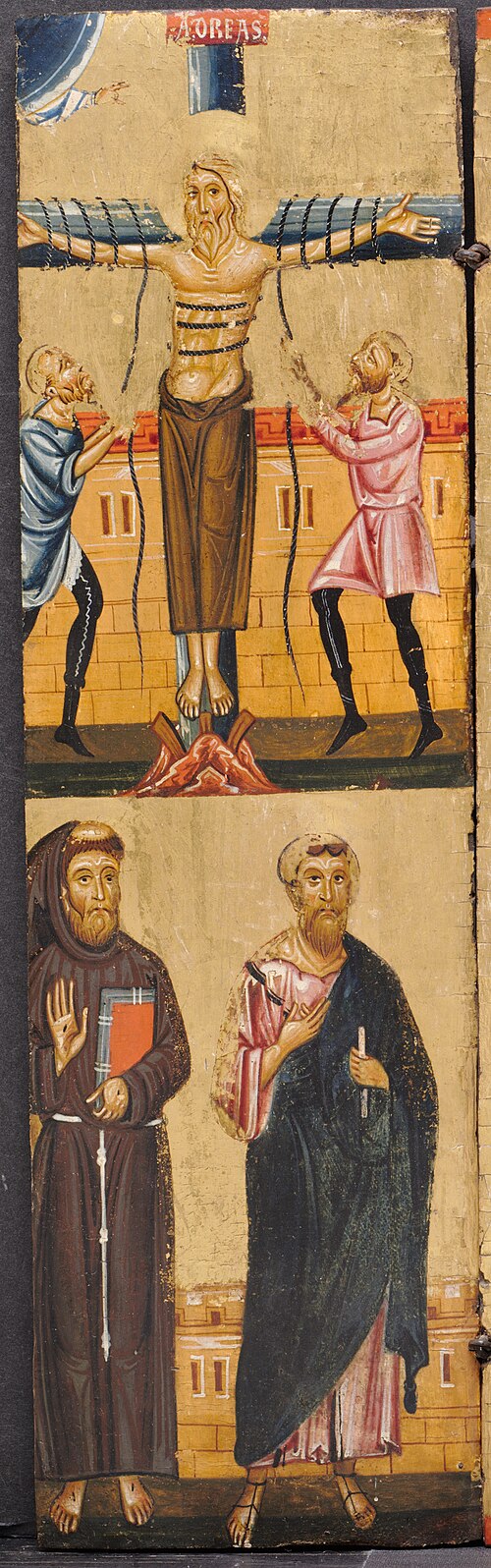 The Crucifixion of St. Andrew, with St. Francis and St. Paul below, 1230, Berlinghiero Berlinghieri