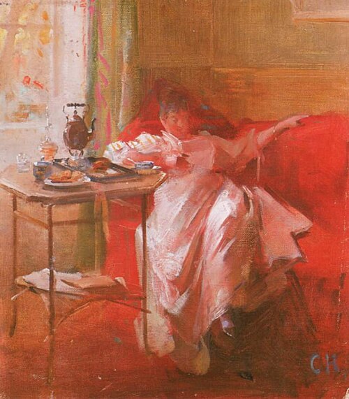 Lesende Dame auf rotem Sofa, , Curt Herrmann