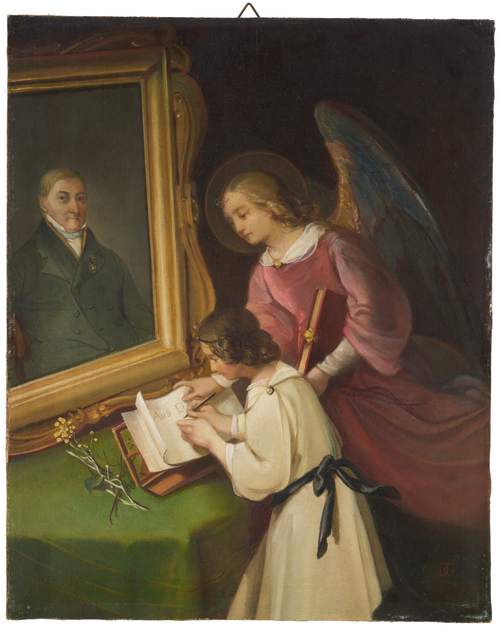 Jeune fille avec ange gardien, écrivant devant un tableau (portrait du donateur, Ph. Merian), 1826, Dionys Ganter