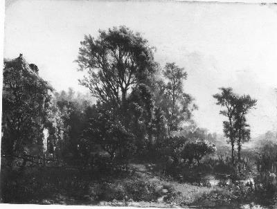 Boerenwoningen in een boomrijk landschap, 1855, Maria Vos
