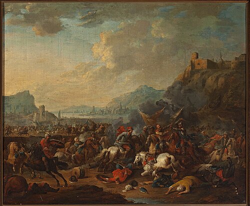 Skirmish against the mountain landscape, , Arnold Frans Rubens