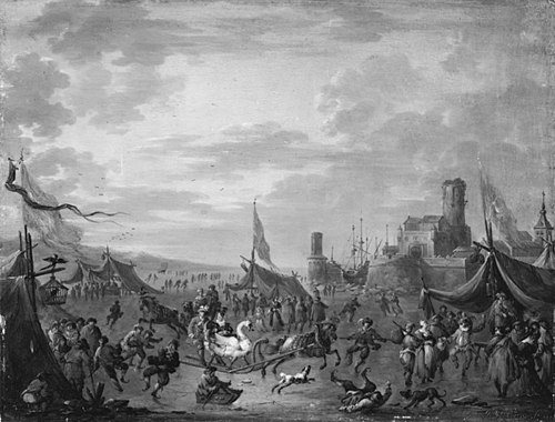 A Winter Scene with Sleigh-Riders and Skaters, 1714, Arnold Frans Rubens