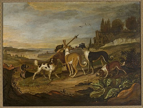 Gundogs against landscape, 1732, Cornelis Beeldemaker