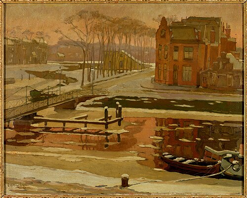 Winter, gezicht vanuit zijn huis aan het Eemskanaal z.z. te Groningen, 1907, Dirk de Vries Lam