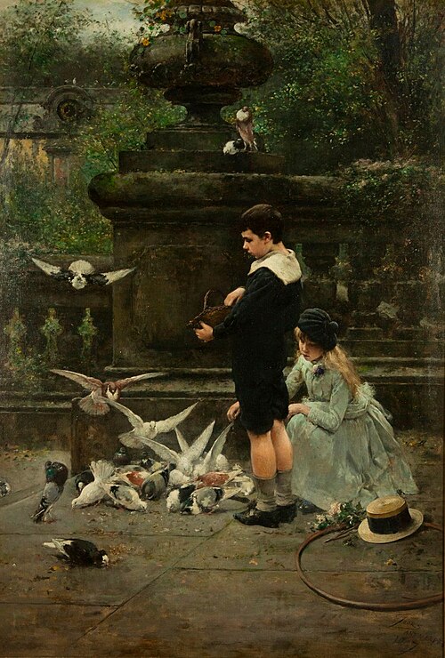 Children Feeding Pigeons in the Park, 1887, Eugène Joors