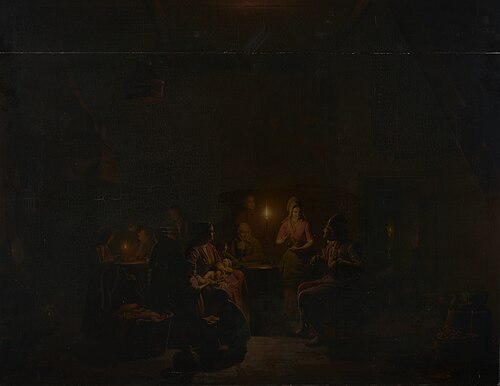 Interieur met figuren bij kaarslicht, , Johannes Rosierse