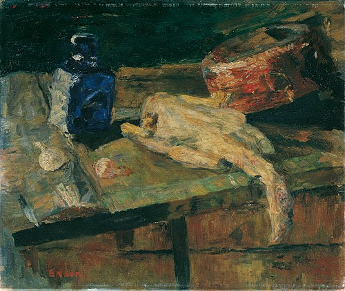 Stillleben mit blauer Flasche und gerupftem Huhn, 1910, James Ensor