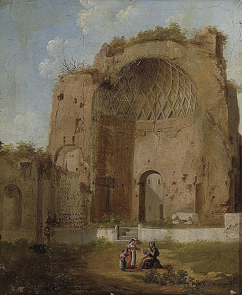 Roman ruin with a woman and child conversing with a monk, 1750, Giacomo Van Lint