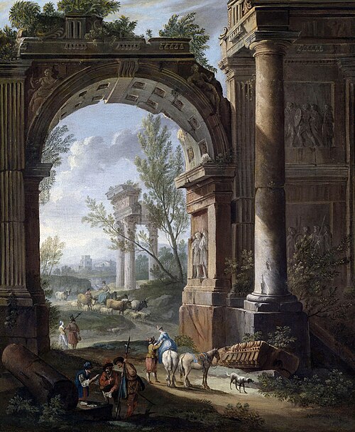 Shepherds and resting soldiers in front of an ancient city gate, 1750, Giacomo Van Lint