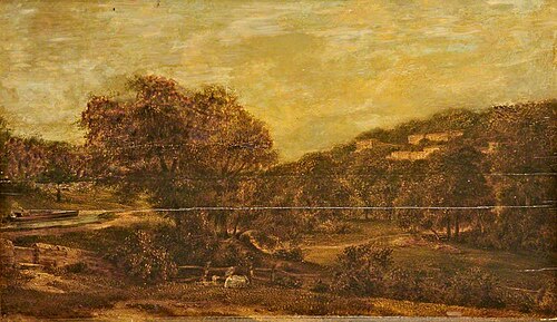 Wooded Valley with a Stream and Houses on a Hillside, , John Constable