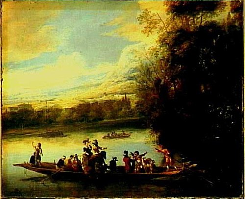 River Landscape with Hunters on a Ferry, 1660, Daniel Schellinks