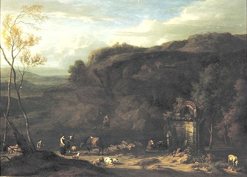 Landcape with shepherds and animals by a river, 1700, Jan Baptiste Huysmans