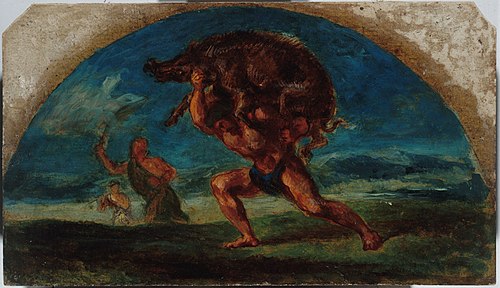 Esquisse pour le salon de la Paix de l'Hôtel de Ville de Paris : Hercule et le Sanglier d'Erymanthe,, 1854, Pierre Andrieu