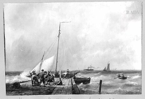 boats + fishermen at the shore, 1840, Hermanus Koekkoek
