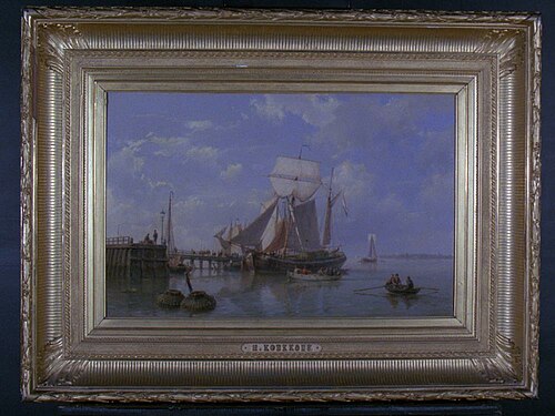 Kofschip bij een steiger, 1855, Hermanus Koekkoek