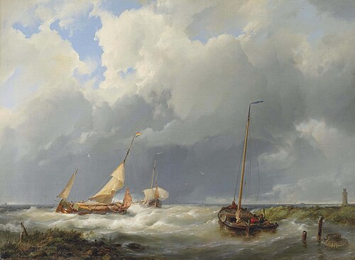 Coastal scene with fishing vessels, 1855, Hermanus Koekkoek
