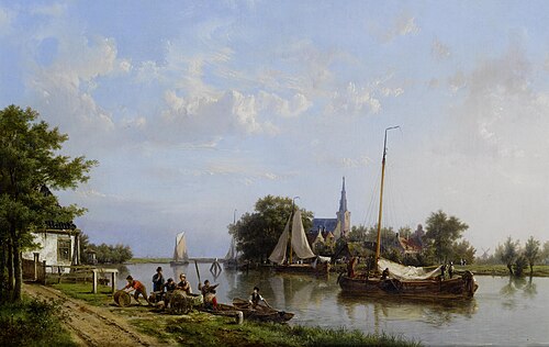 Barges on a canal in summer, , Hermanus Koekkoek