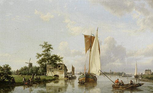 Dutch river scene with a sailing barge, fishermen and figures gathered on the bank, , Hermanus Koekkoek