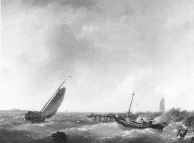 Woelig water, op de voorgrond een voor anker liggend vissersschip, 1839, Hermanus Koekkoek