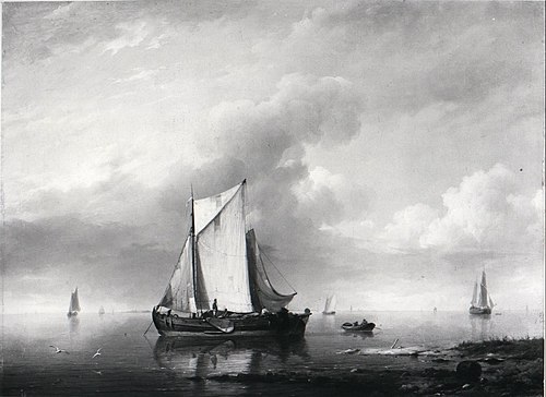 Voor anker liggende vissersschepen bij een strand, 1839, Hermanus Koekkoek