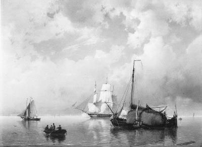 Een stil water met een hooischuit en andere vaartuigen, 1858, Hermanus Koekkoek