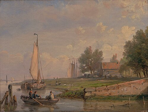 View of a river with a rowing boat, 1858, Hermanus Koekkoek