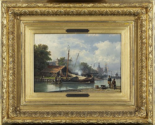 Shipyard in Enkhuizen, with in the distance Dommedaris gate, 1856, Hermanus Koekkoek