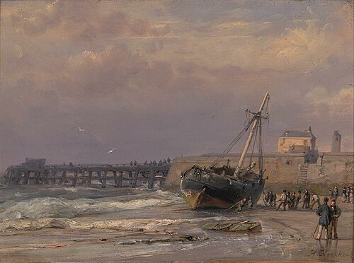 View of a jetty with a fishing boat, 1858, Hermanus Koekkoek