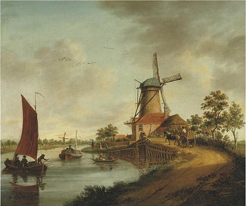 View of a trekschuit and windmill along the Vliet, 1756, Jacob Elias la Fargue