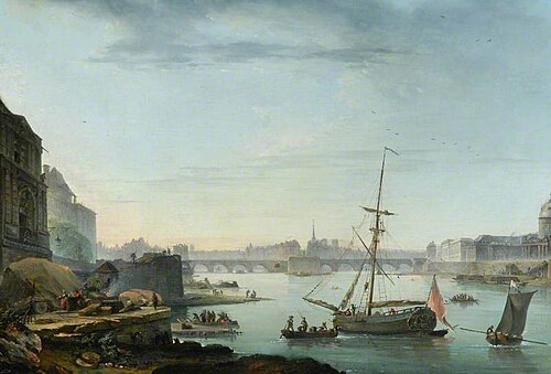 View of the Seine, Paris, Looking East from the Porte St Nicolas towards the Pont Neuf, Morning Effe, 1772, Jean-Baptiste-François Génillion