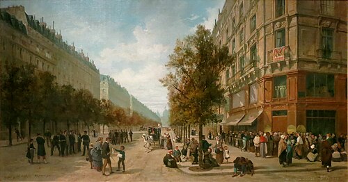 Queue à la porte d'une épicerie (angle de la rue Réaumur et du boulevard Sébastopol) en novembre 187, 1871, Jacques Guiaud