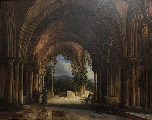Moines dans une église gothique en ruines, 1828, Charles-Caïus Renoux