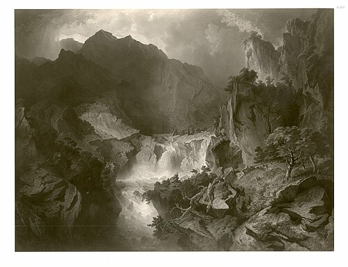 Hochgebirgslandschaft mit Wasserfall bei Salzburg, 1836, Heinrich Heinlein
