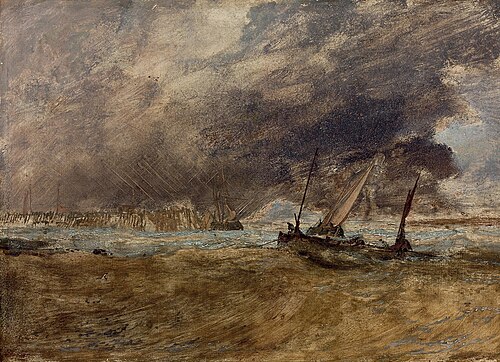 Seapiece with fishing boats off a wooden pier, a gale coming in, 1850, Joseph Mallord William Turner