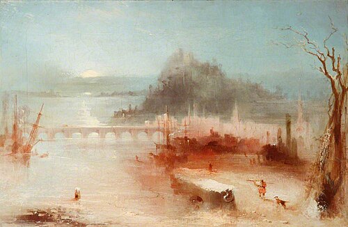 A Town on the Rhine, with a Bridge and a Castle on a Height – Sunrise, , J. M. W. Turner