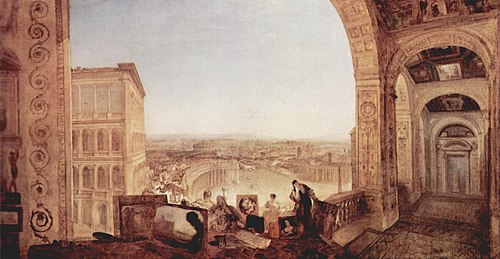 Rome, from the Vatican. Raffaelle, Accompanied by La Fornarina, Preparing his Pictures for the Decor, 1820, J. M. W. Turner