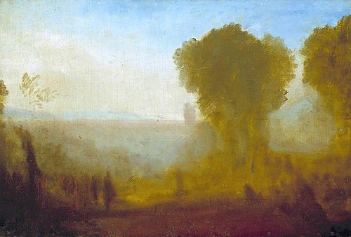 Landscape with Tower, Trees and Figures; possibly Arcueil near Paris, 1827, Joseph Mallord William Turner