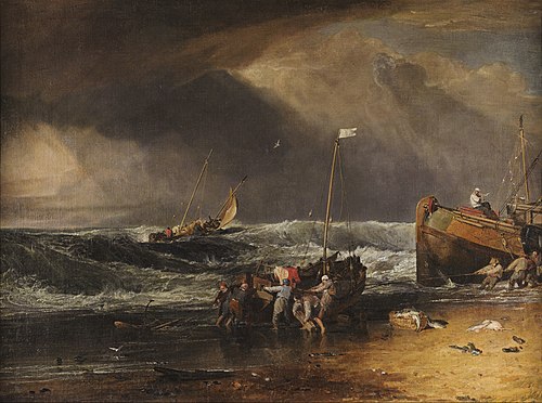 A Coast Scene with Fishermen Hauling a Boat Ashore, , J. M. W. Turner