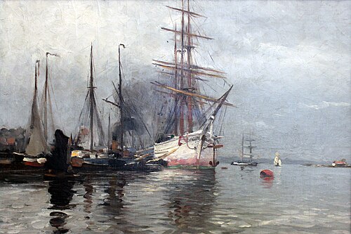 Sailboat in Flensburg Harbour, 1900, Heinrich Petersen-Angeln