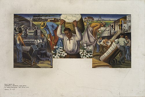 Cotton Growing, Manufacture and Export (mural study, Dardanelle, Arkansas Post Office), 1938, Ludwig Mactarian