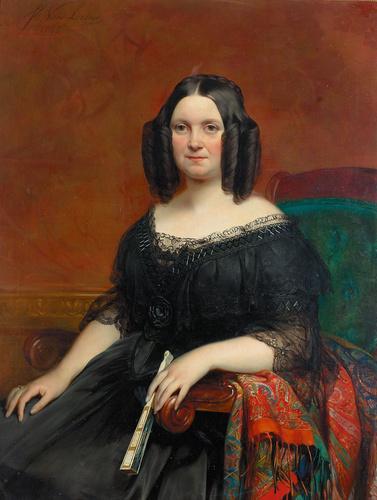 Portret van een dame in zwart kant, door de Belgische schilder Van Lerius (1823-1876), 1845, Joseph van Lerius