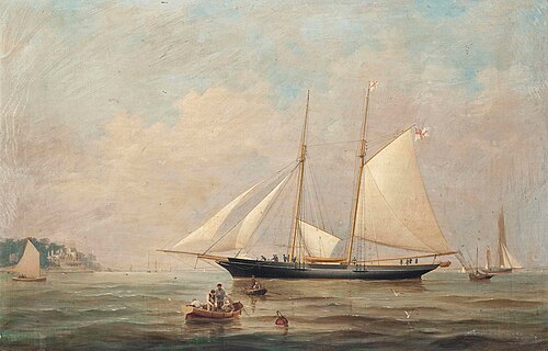 The R.Y.S. schooner Gelert coming into Cowes Roads, with the Royal Yacht Squadron on the headland be, 1871, Haughton Forrest