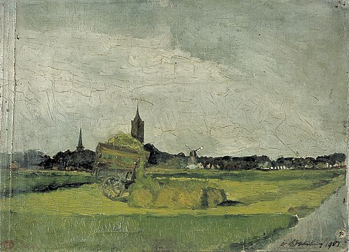 Landschap met hooikar, kerktorens en molen, 1901, Theo van Doesburg